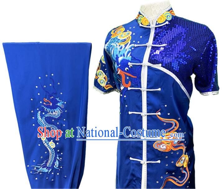 Chinese Embroidered Dragon Royal Blue Outfit Martial Arts Changquan Uniforms Kung Fu Costumes Traditional Wushu Competition Clothing