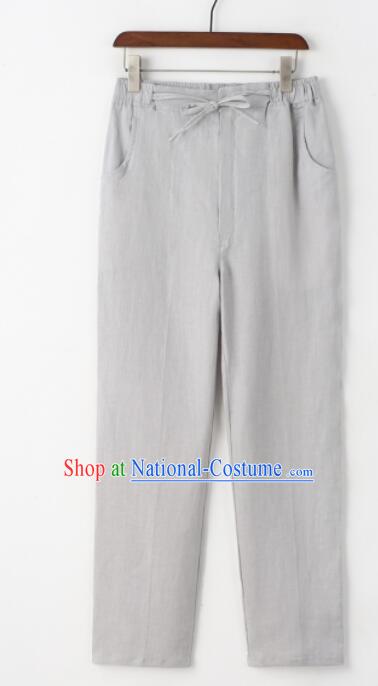 Chinese Traditional Wushu Loose Pants Tai Chi Straight Leg Trousers Top Linen Kung Fu Pants Martial Arts Grey Pants for Men