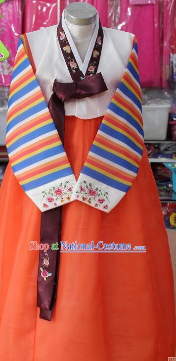 Korea Festival Garment Costumes Korean Traditional Clothing Stripes Hanbok Bride White Blouse and Orange Dress