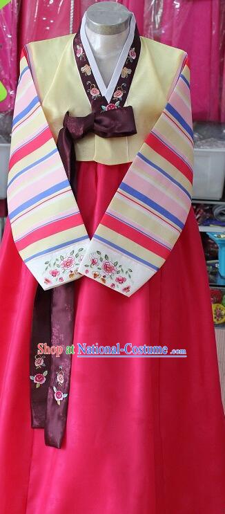 Korean Festival Garment Costumes Traditional Clothing Korea Stripes Hanbok Women Yellow Blouse and Megenta Dress