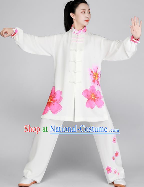 Top Printing Peach Blossom Clothing Tai Chi Outfit Chinese Kung Fu Costumes Tai Ji Training White Uniform