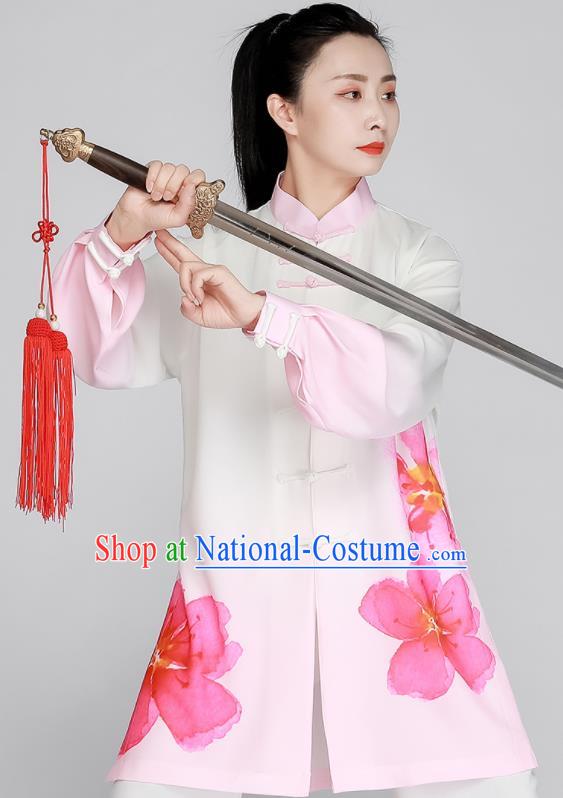 Top Printing Peach Blossom Clothing Tai Chi Outfit Chinese Kung Fu Costumes Tai Ji Training White Uniform