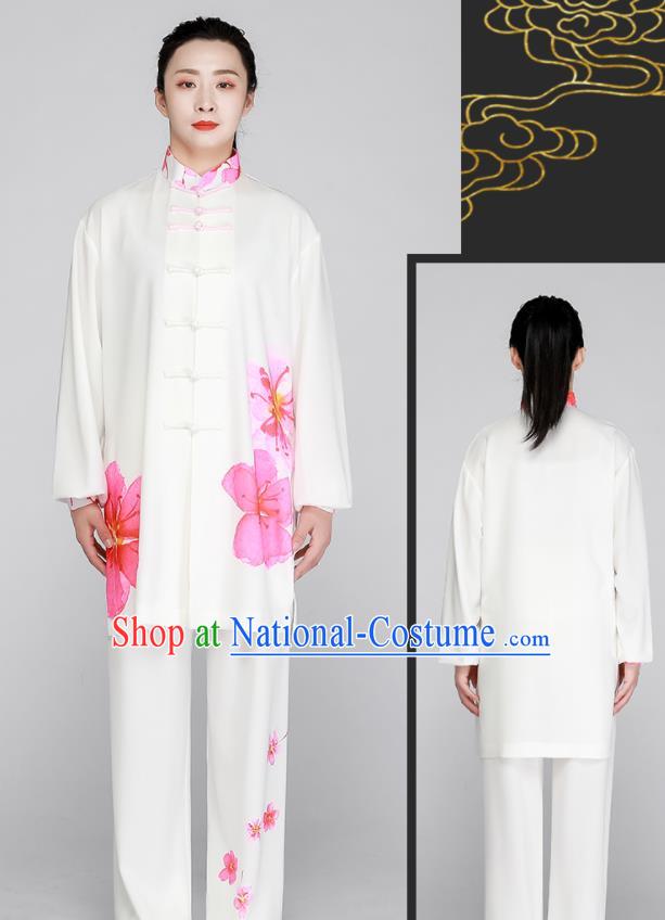 Top Printing Peach Blossom Clothing Tai Chi Outfit Chinese Kung Fu Costumes Tai Ji Training White Uniform