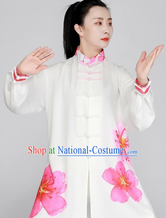 Top Printing Peach Blossom Clothing Tai Chi Outfit Chinese Kung Fu Costumes Tai Ji Training White Uniform