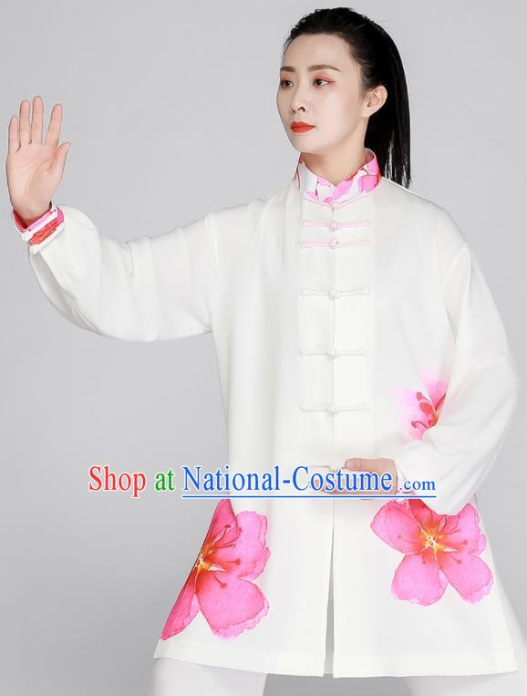 Top Printing Peach Blossom Clothing Tai Chi Outfit Chinese Kung Fu Costumes Tai Ji Training White Uniform