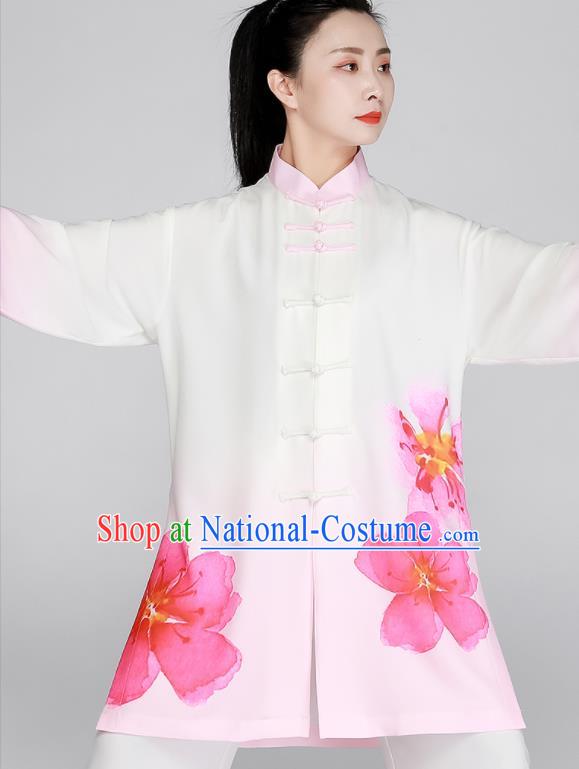 Top Printing Peach Blossom Clothing Tai Chi Outfit Chinese Kung Fu Costumes Tai Ji Training White Uniform