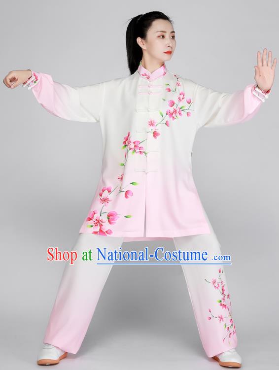 Chinese Tai Chi Outfit Kung Fu Costumes Top Tai Ji Training Light Pink Uniform Printing Peach Blossom Clothing