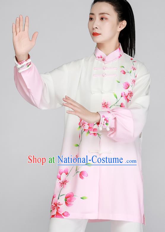 Chinese Tai Chi Outfit Kung Fu Costumes Top Tai Ji Training Light Pink Uniform Printing Peach Blossom Clothing