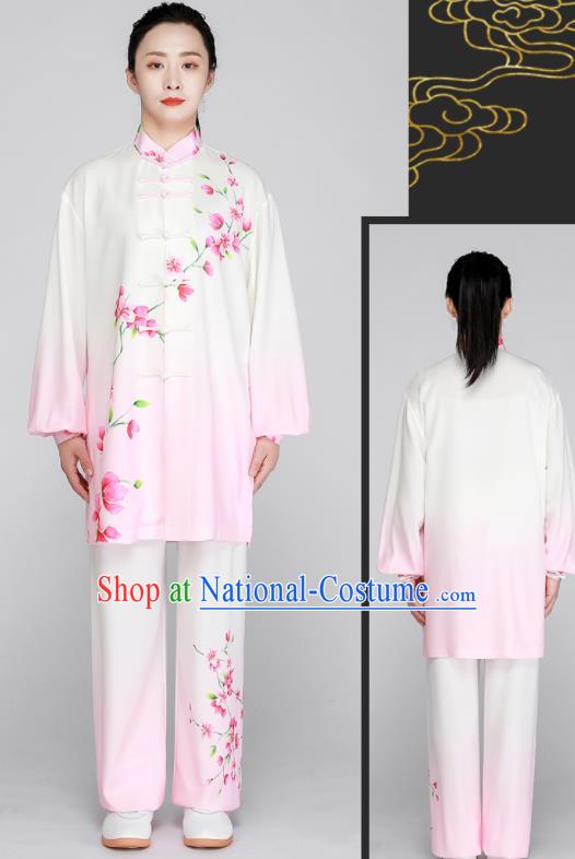 Chinese Tai Chi Outfit Kung Fu Costumes Top Tai Ji Training Light Pink Uniform Printing Peach Blossom Clothing