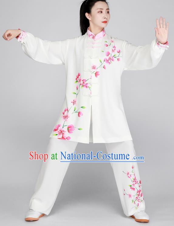 Chinese Printing Peach Blossom Clothing Tai Chi White Outfit Kung Fu Costumes Top Tai Ji Training Uniform