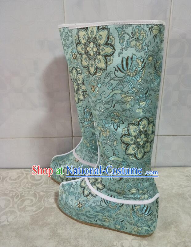 Chinese Hanfu Boots Traditional Green Satin Boots Handmade Shoes Ancient Princess Embroidered Boots