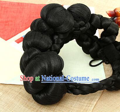 Korean Traditional Women Braid Wig Handmade Hanbok Black Hair Piece Court Bride Headdress