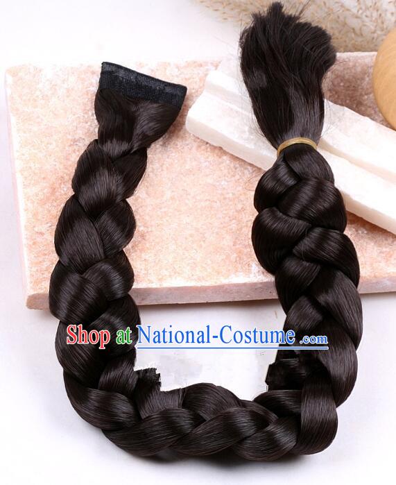 Korean Court Women Braid Traditional Bride Wig Handmade Hanbok Black Hairpiece Hair Comb