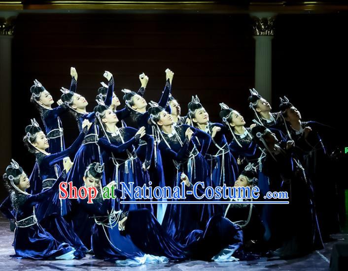 Chinese Women Group Dance Dark Blue Velvet Dress Mongolian Dance Garment Mongol Nationality Dance Clothing Stage Performance Costume