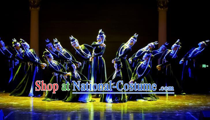 Chinese Women Group Dance Dark Blue Velvet Dress Mongolian Dance Garment Mongol Nationality Dance Clothing Stage Performance Costume