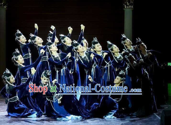 Chinese Women Group Dance Dark Blue Velvet Dress Mongolian Dance Garment Mongol Nationality Dance Clothing Stage Performance Costume