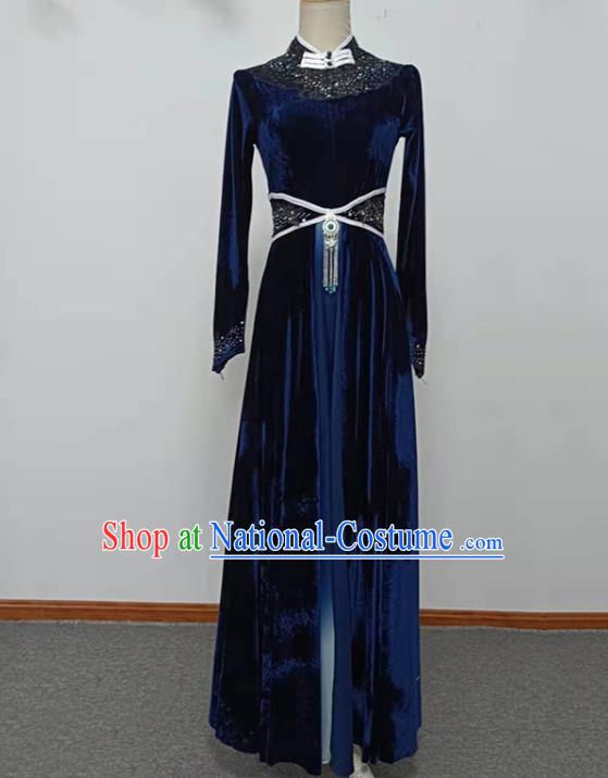 Chinese Women Group Dance Dark Blue Velvet Dress Mongolian Dance Garment Mongol Nationality Dance Clothing Stage Performance Costume