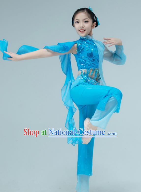 Chinese Children Dance Clothing Stage Performance Costume Folk Dance Blue Outfit Yangko Dance Garment