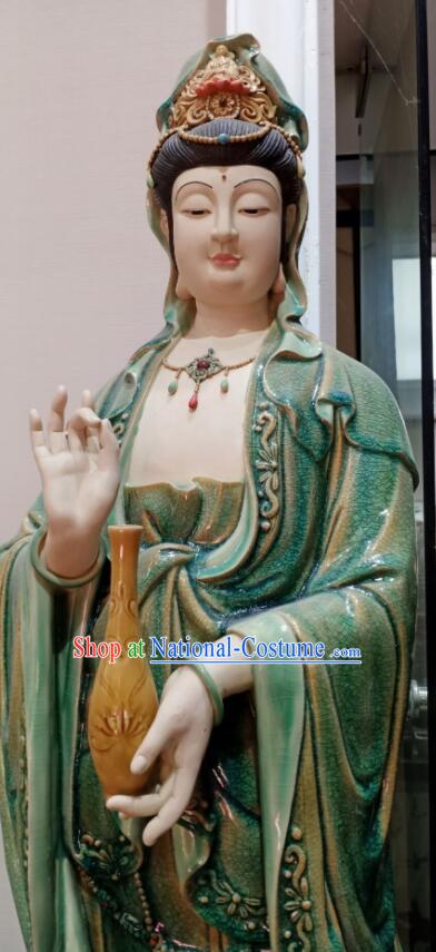 Chinese Mother Buddha Porcelain Arts Handmade Shi Wan Guan Yin Ceramic Figurine  inches Green Guanyin Statue