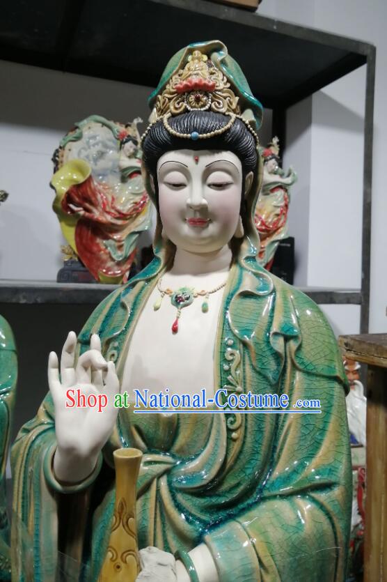 Chinese Mother Buddha Porcelain Arts Handmade Shi Wan Guan Yin Ceramic Figurine  inches Green Guanyin Statue