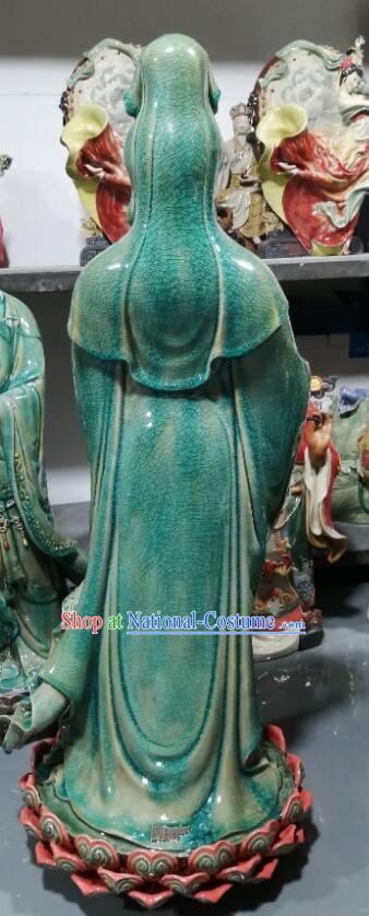 Chinese Mother Buddha Porcelain Arts Handmade Shi Wan Guan Yin Ceramic Figurine  inches Green Guanyin Statue