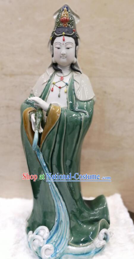 24 inches Standing Guanyin Statue Chinese Green Glaze Mother Buddha Porcelain Arts Handmade Shi Wan Guan Yin Ceramic Figurine