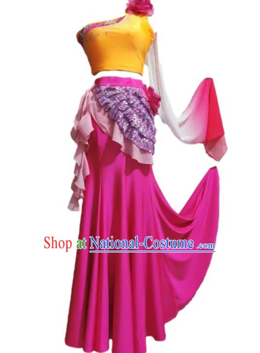 Chinese Women Stage Performance Magenta Dress Yunnan Peacock Dance Garment Costumes Dai Nationality Dance Clothing