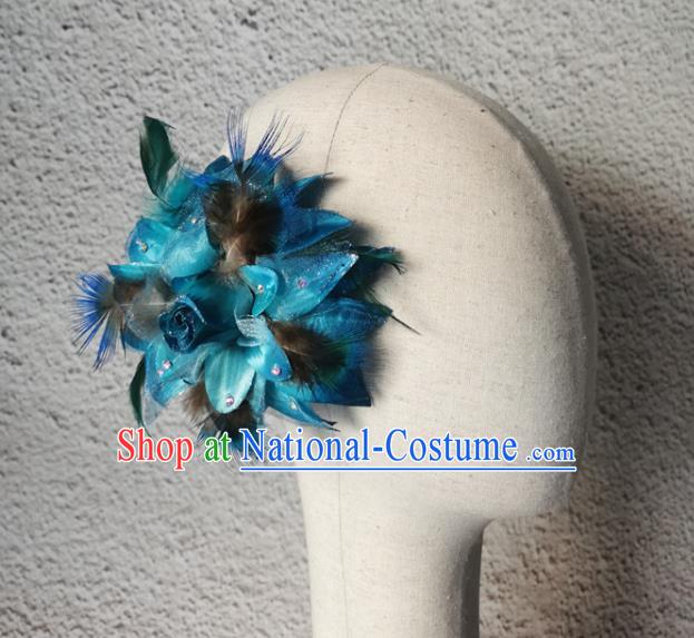 China Stage Performance Headwear Peacock Dance Hair Accessories Pavane Dance Blue Feather Headpiece