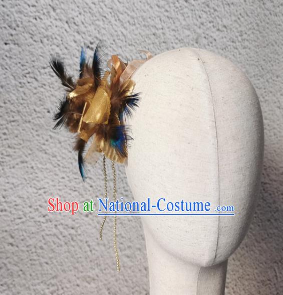 China Pavane Dance Golden Feather Headpiece Stage Performance Headwear Peacock Dance Hair Accessories