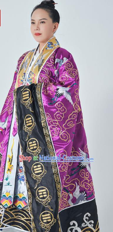 Chinese Embroidered Crane Purple Silk Robe Traditional Priest Frock Taoism Ritual San Qing Garment Handmade Taoist Master Costume