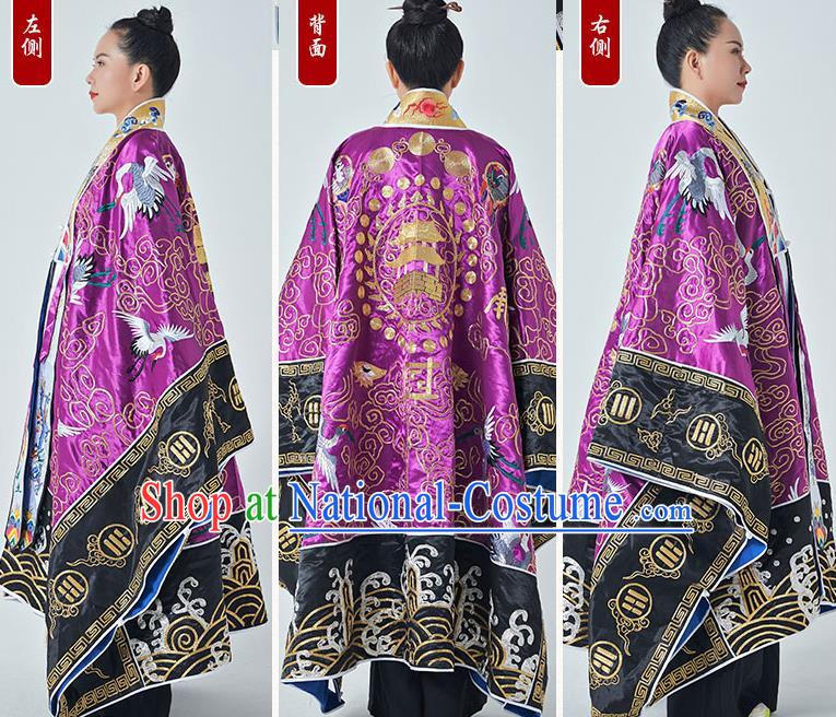 Chinese Embroidered Crane Purple Silk Robe Traditional Priest Frock Taoism Ritual San Qing Garment Handmade Taoist Master Costume