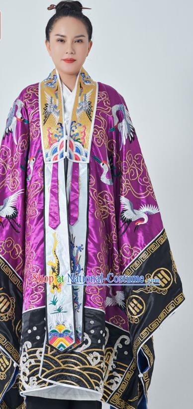 Chinese Embroidered Crane Purple Silk Robe Traditional Priest Frock Taoism Ritual San Qing Garment Handmade Taoist Master Costume