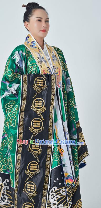 Chinese Handmade Taoist Master Costume Embroidered Crane Green Silk Robe Ritual Priest Frock Taoism San Qing Garment