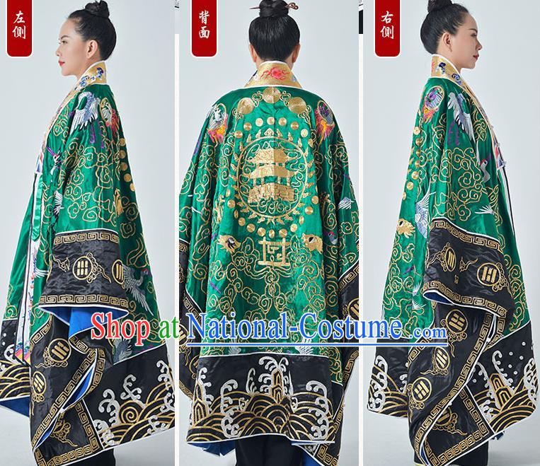 Chinese Handmade Taoist Master Costume Embroidered Crane Green Silk Robe Ritual Priest Frock Taoism San Qing Garment