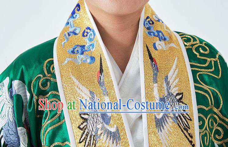 Chinese Handmade Taoist Master Costume Embroidered Crane Green Silk Robe Ritual Priest Frock Taoism San Qing Garment