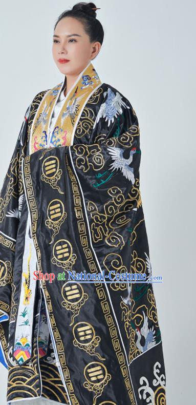 Chinese Taoism San Qing Garment Handmade Taoist Master Costume Embroidered Crane Black Silk Robe Ritual Priest Frock