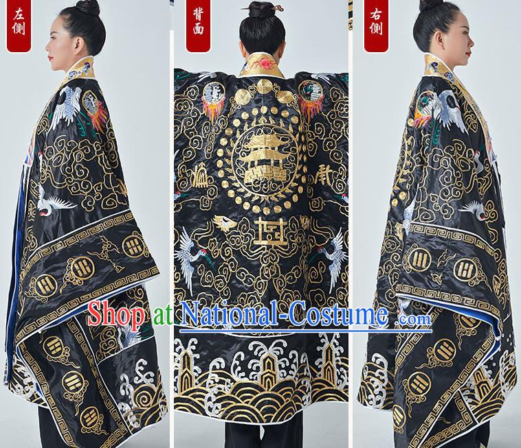 Chinese Taoism San Qing Garment Handmade Taoist Master Costume Embroidered Crane Black Silk Robe Ritual Priest Frock