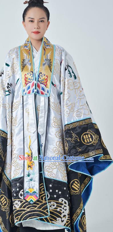 Chinese Taoism Ritual Priest Frock San Qing Garment Handmade Taoist Master Costume Embroidered Crane White Silk Robe