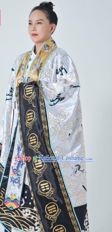 Chinese Taoism Ritual Priest Frock San Qing Garment Handmade Taoist Master Costume Embroidered Crane White Silk Robe