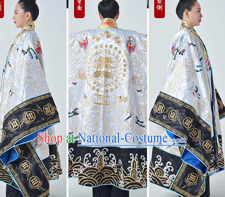 Chinese Taoism Ritual Priest Frock San Qing Garment Handmade Taoist Master Costume Embroidered Crane White Silk Robe