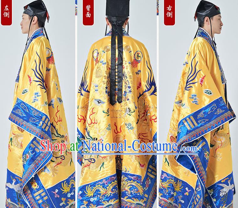 Chinese Taoism Ritual Priest Frock San Qing Garment Taoist Master Costume Traditional Embroidered Dragon Yellow Silk Robe