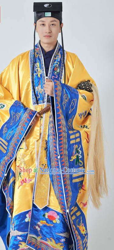 Chinese Taoism Ritual Priest Frock San Qing Garment Taoist Master Costume Traditional Embroidered Dragon Yellow Silk Robe