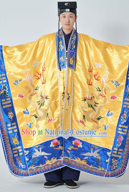 Chinese Taoism Ritual Priest Frock San Qing Garment Taoist Master Costume Traditional Embroidered Dragon Yellow Silk Robe