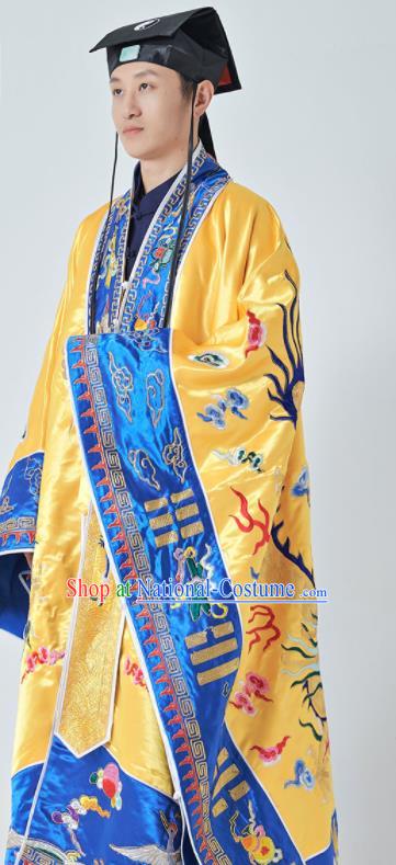 Chinese Taoism Ritual Priest Frock San Qing Garment Taoist Master Costume Traditional Embroidered Dragon Yellow Silk Robe