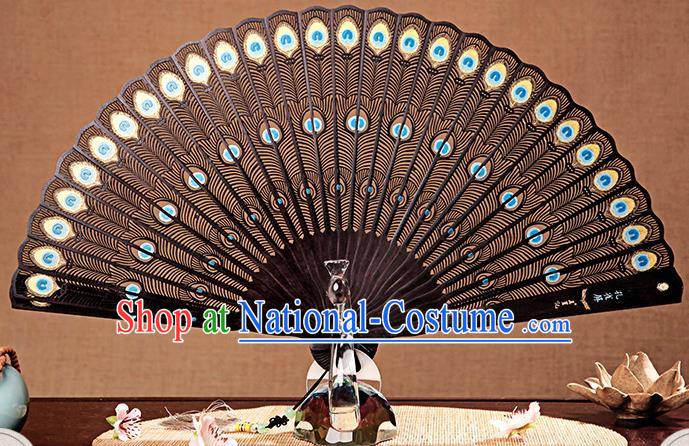 Chinese Carved Peacock Feather Fan Handmade Craft Fan Ebony Accordion Traditional Folding Fans