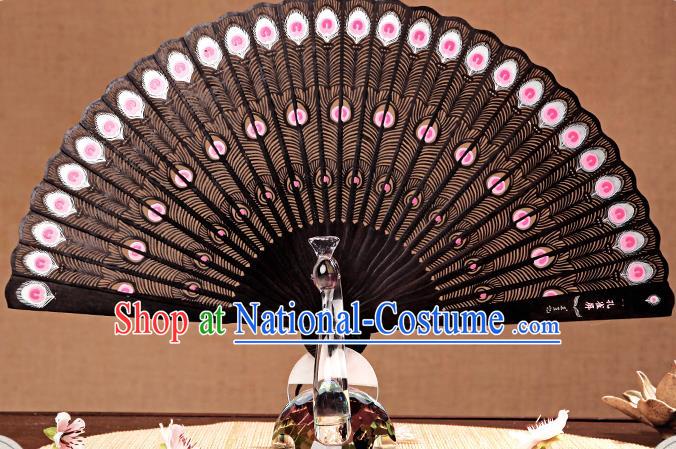 Chinese Traditional Folding Fans Carved Pink Peacock Feather Fan Handmade Craft Fan Ebony Accordion