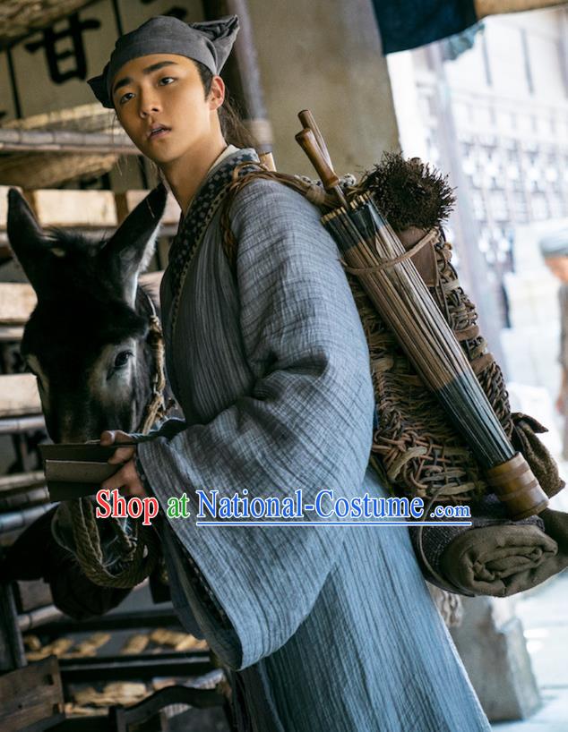 Chinese Ancient Scholar Costume Romance Movie Soul Snatcher Wang Zi Jin Clothing Traditional Civilian Garment and Headpiece