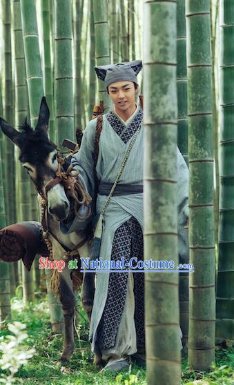 Chinese Ancient Scholar Costume Romance Movie Soul Snatcher Wang Zi Jin Clothing Traditional Civilian Garment and Headpiece