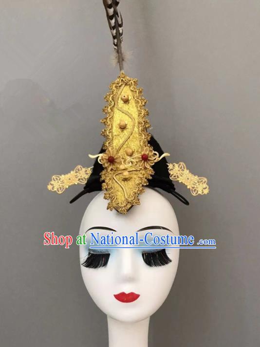 China Tang Beauty Dance Feather Headpieces Xiang Ji Dance Stage Performance Headwear Classical Dance Wig and Hair Jewelries