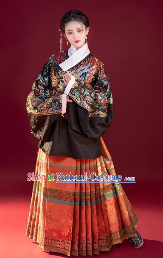 Chinese Traditional Hanfu Black Kylin Blouse and Red Skirt Ming Dynasty Noble Lady Garment Costumes Ancient Imperial Consort Clothing